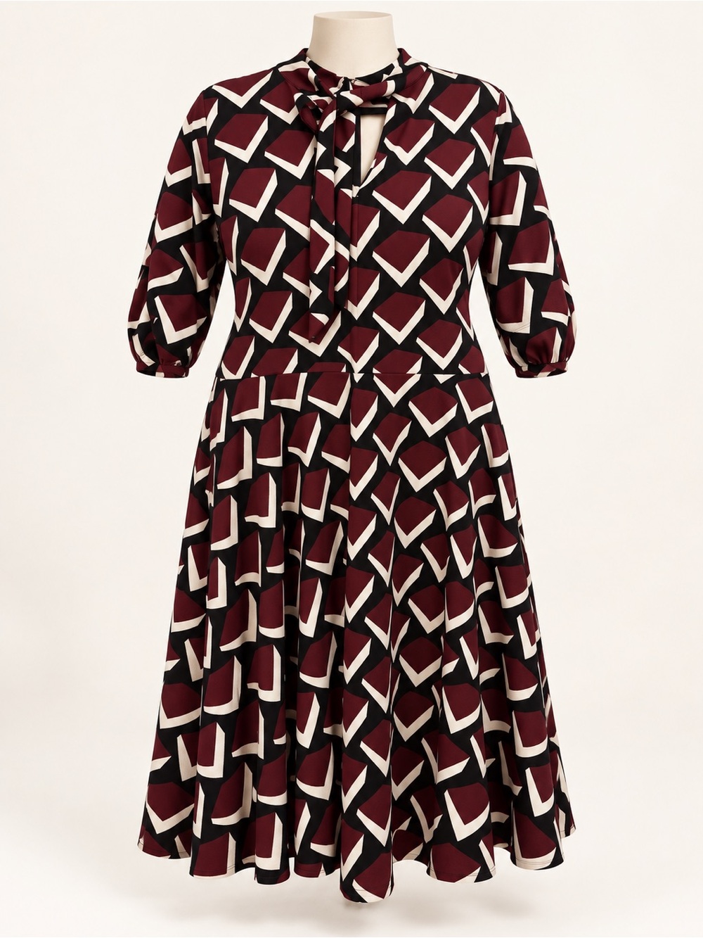 Ashley Stewart Burgundy, Black & Cream Geometric Tie-Neck Midi Dress
